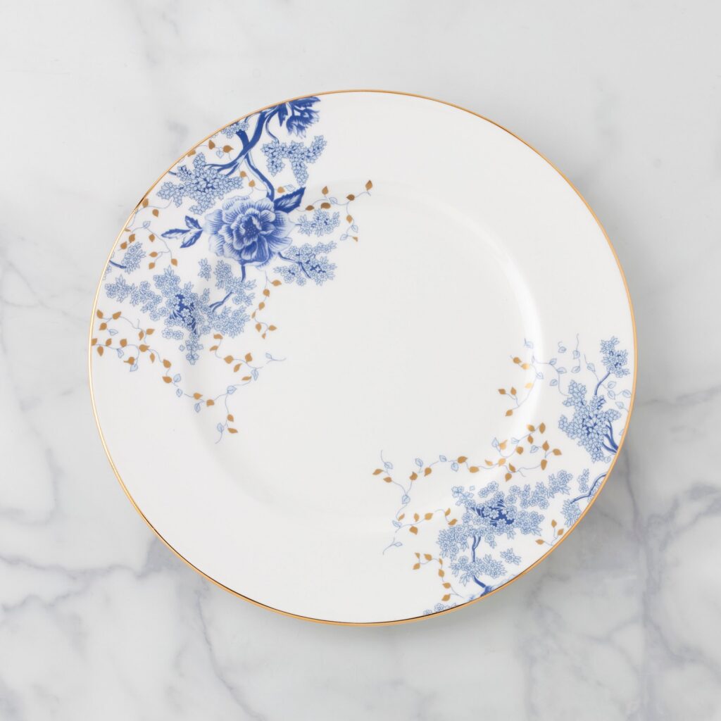 Blue Floral Bone China Dinner Plate with Gold Trim