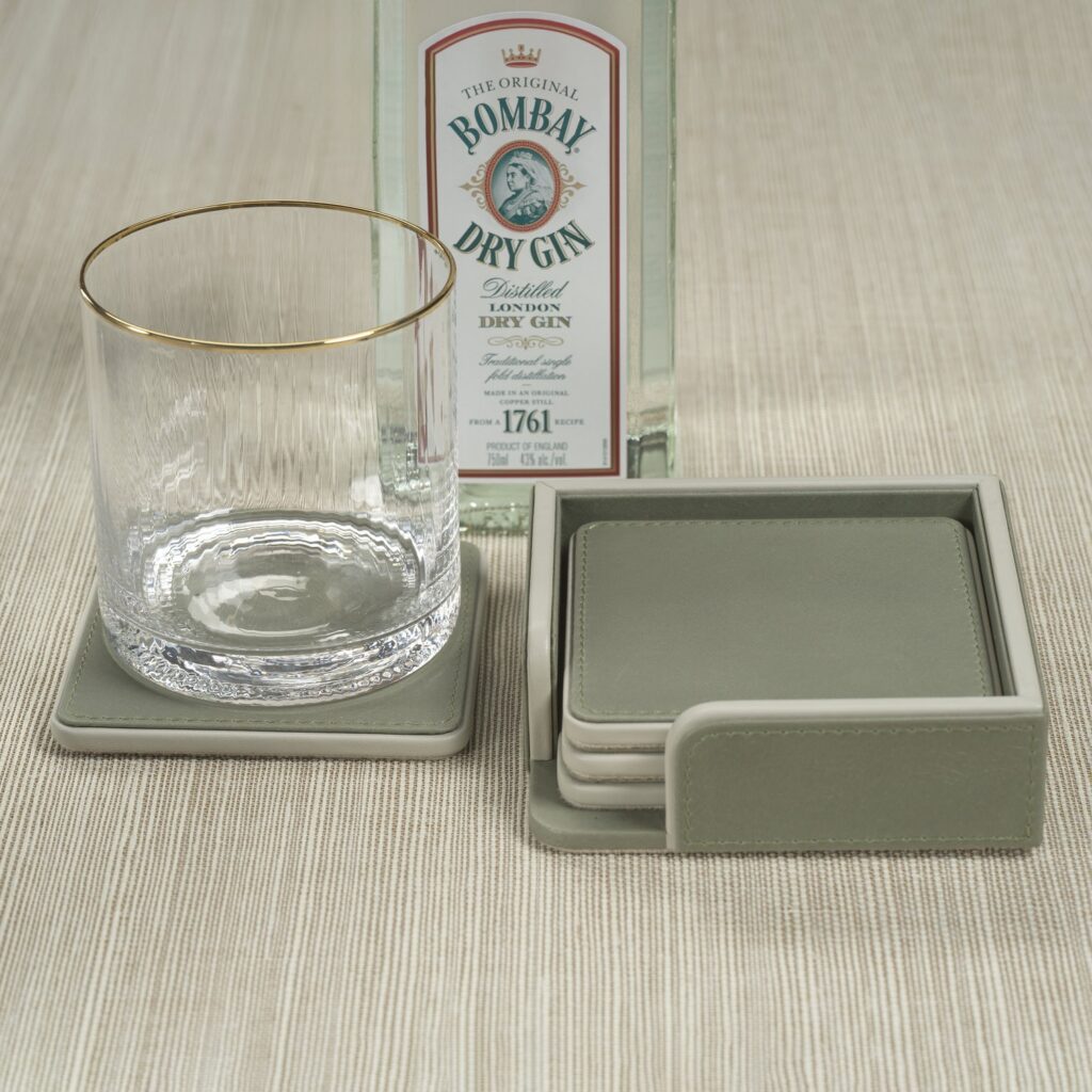 Sage and Gray Leather Coasters - Set of 4